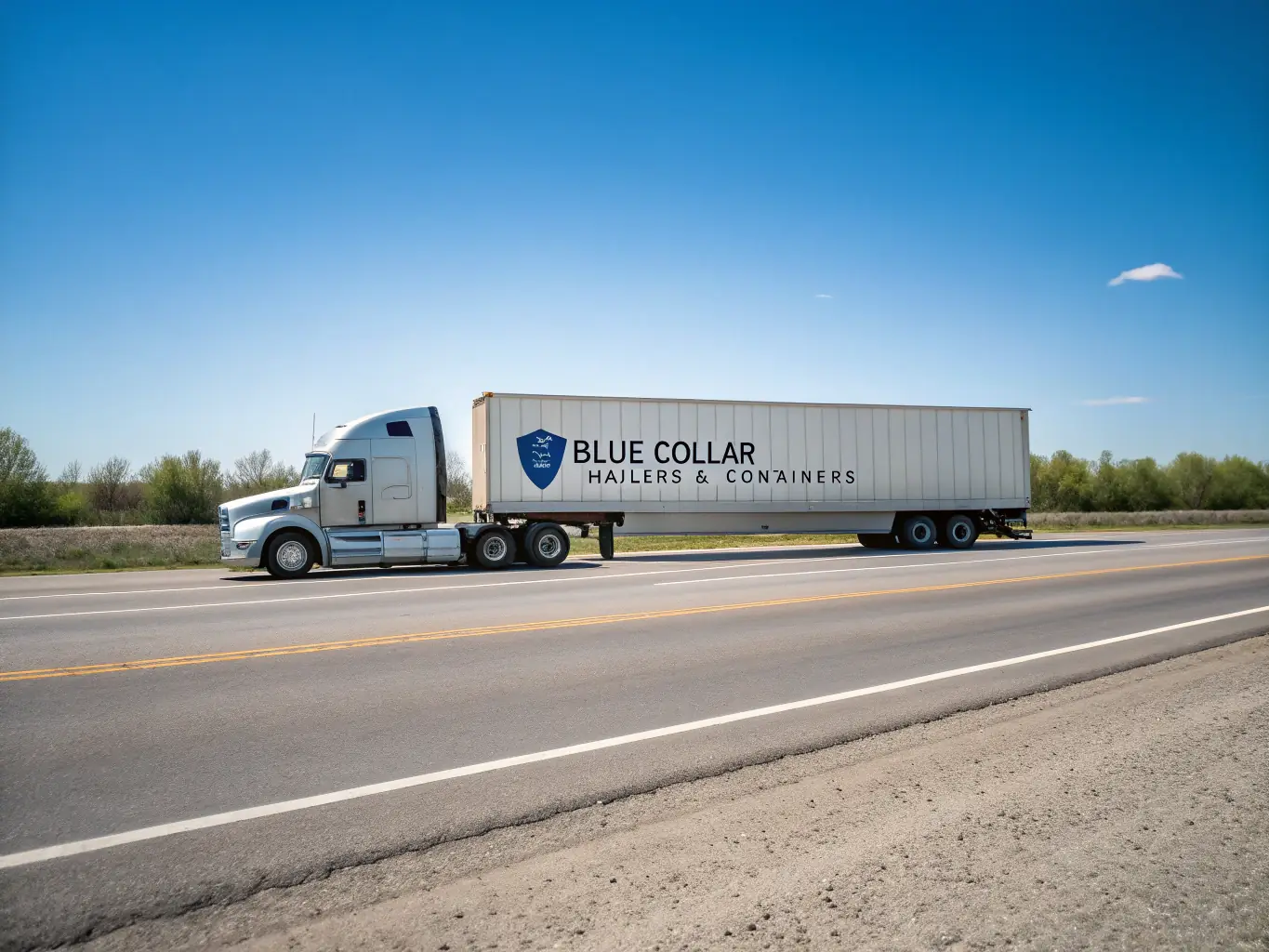 A modern semi-truck with the NavyOrangeShipping logo on the side, driving on a highway through a scenic landscape. The image conveys reliability and efficiency.