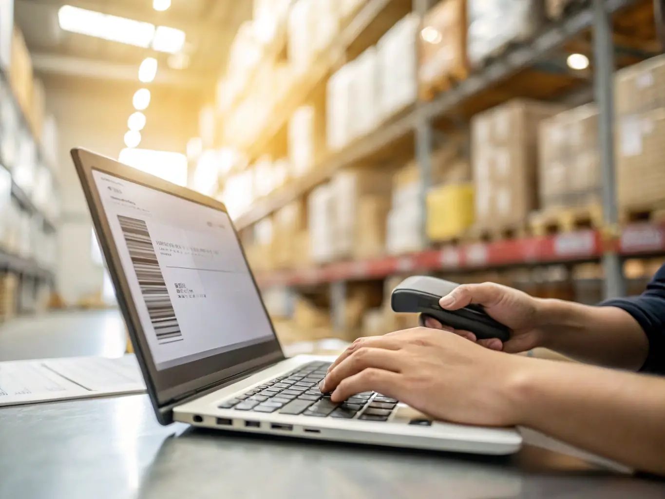 A close-up shot of a person filling out a shipping form with a pen, highlighting the importance of accurate information. The background is blurred, showing a busy logistics office.
