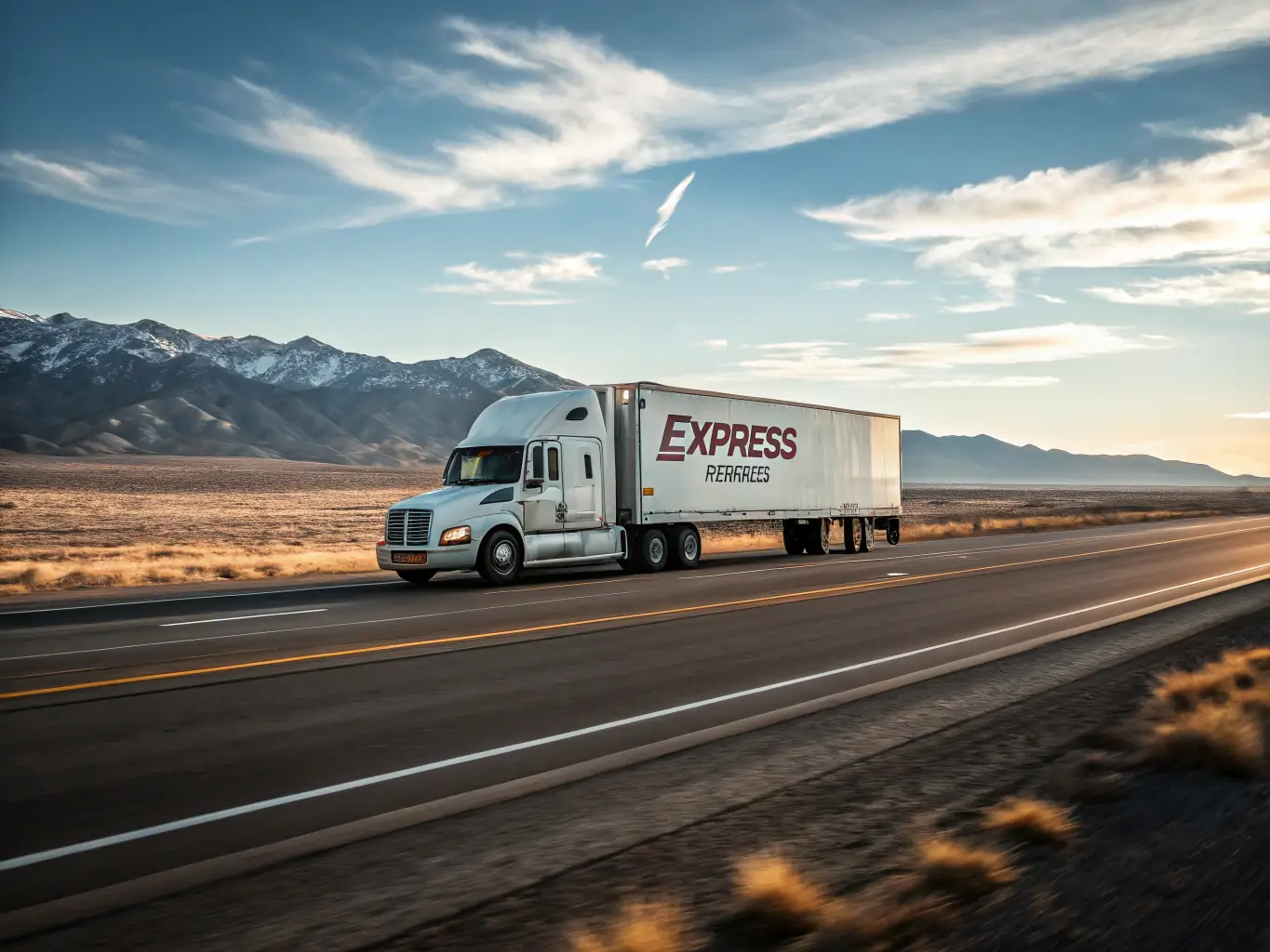 A delivery truck speeding down a highway, symbolizing the speed and efficiency of the Express Shipping plan.