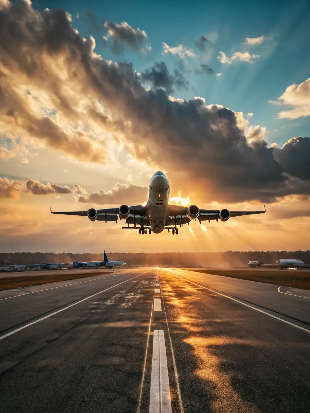 A high-angle, brightly lit photograph of a modern cargo plane taking off from an airport runway, with various shipping containers visible in the background, symbolizing Aftership's air freight services.