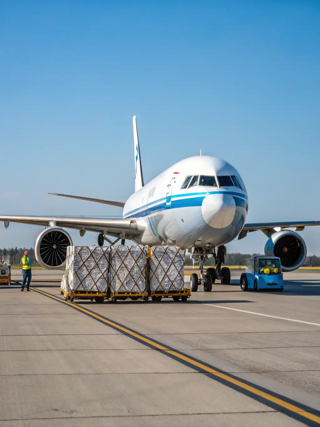 An image of an airplane taking off with cargo containers in the foreground, symbolizing Aftership's Air Freight service.