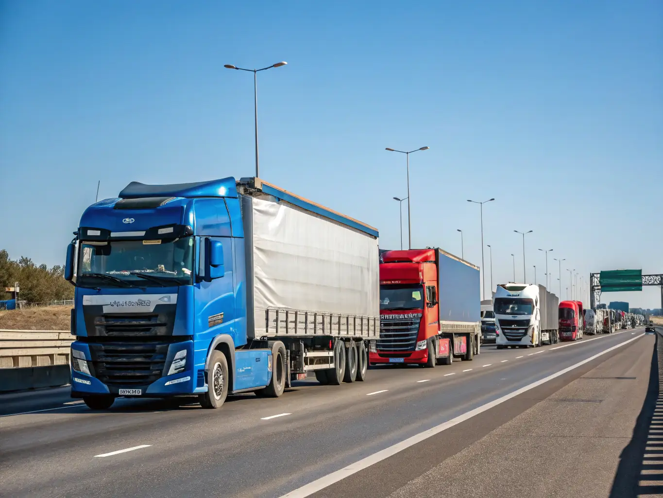 A fleet of modern trucks on a highway, illustrating Aftership's road transport services. The image should suggest reliability and extensive coverage.