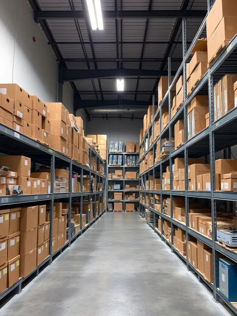 An interior view of a modern, well-organized warehouse with shelves stacked high with goods, showcasing Aftership's warehousing solutions.