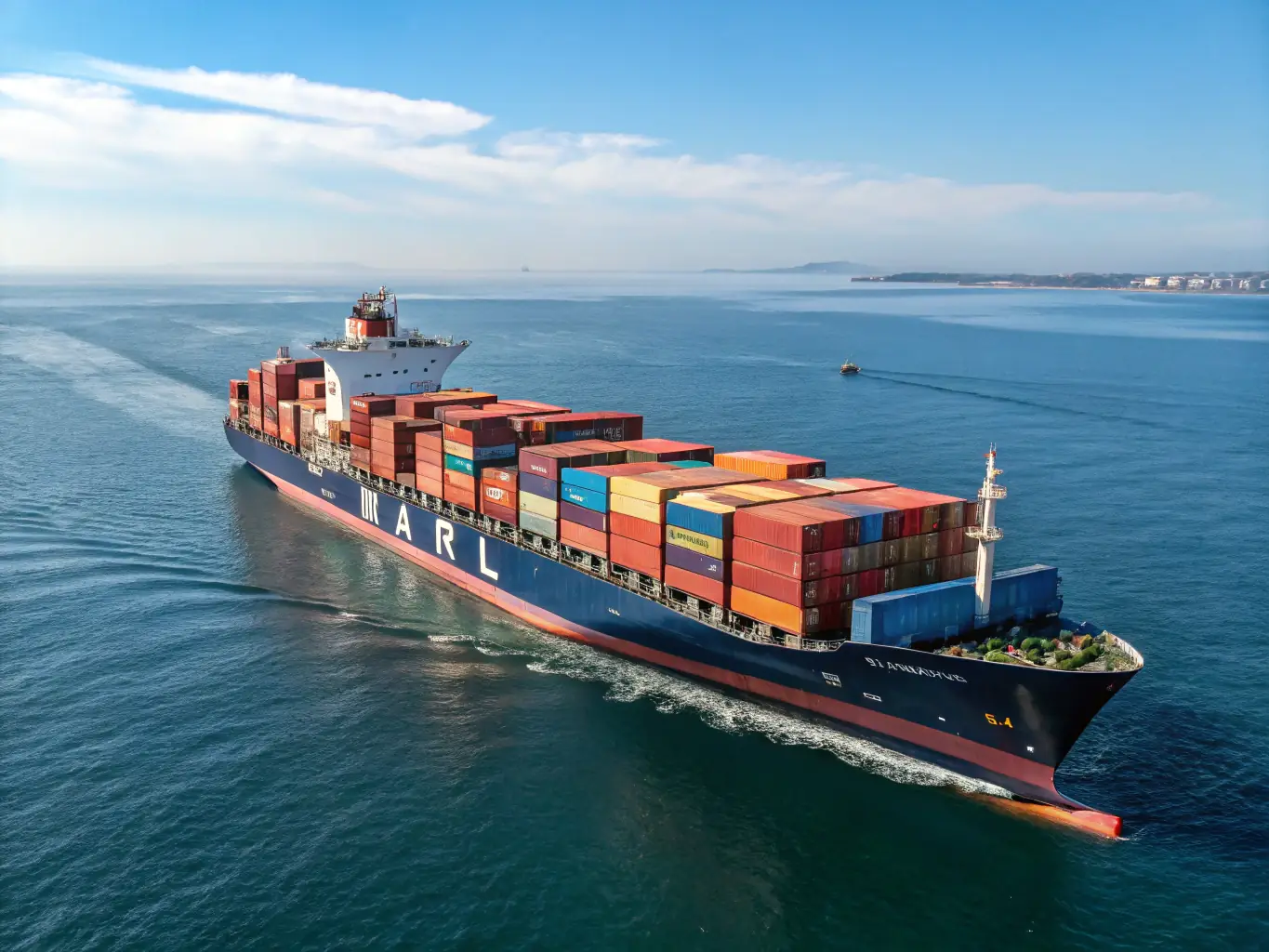 A wide shot of a container ship at sea, loaded with colorful shipping containers. The NavyOrangeShipping logo is visible on one of the containers.