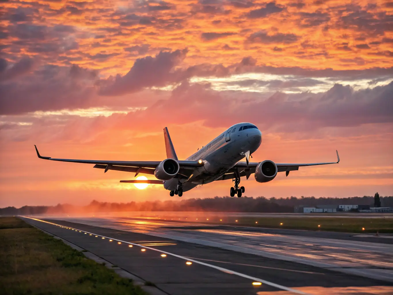 A modern cargo airplane taking off at sunset, symbolizing Aftership's air freight services. The image should convey speed and efficiency.