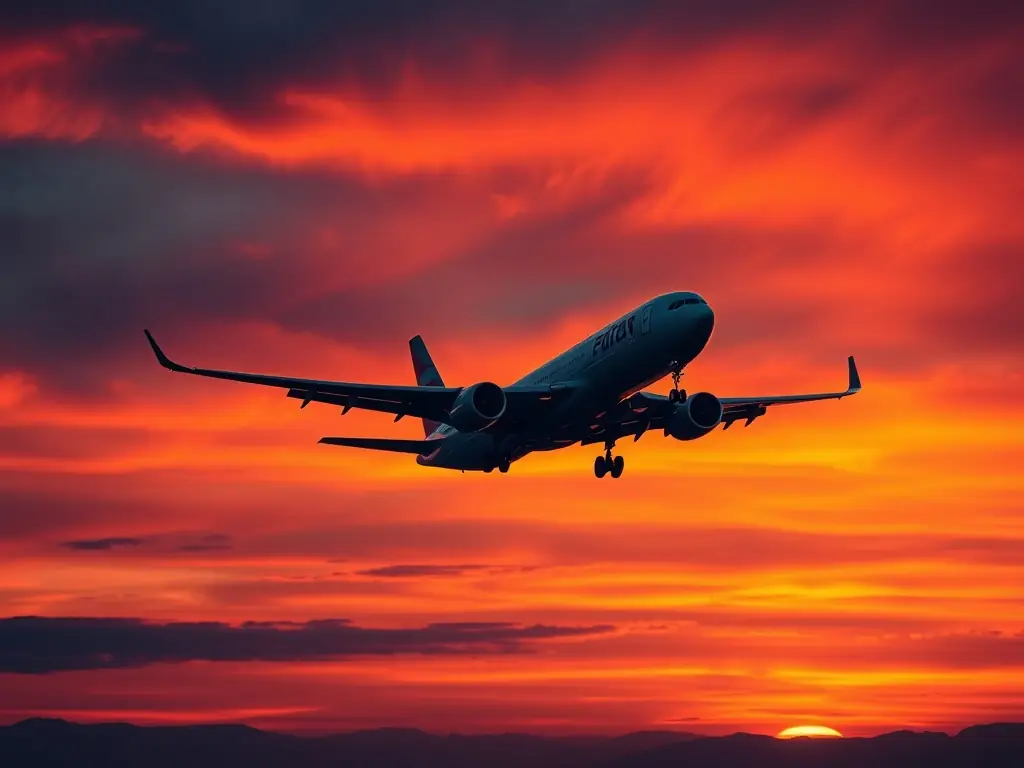 A high-angle shot of a cargo plane taking off at sunset, with NavyOrangeShipping branding subtly visible on the plane's tail. The image conveys speed and global reach.