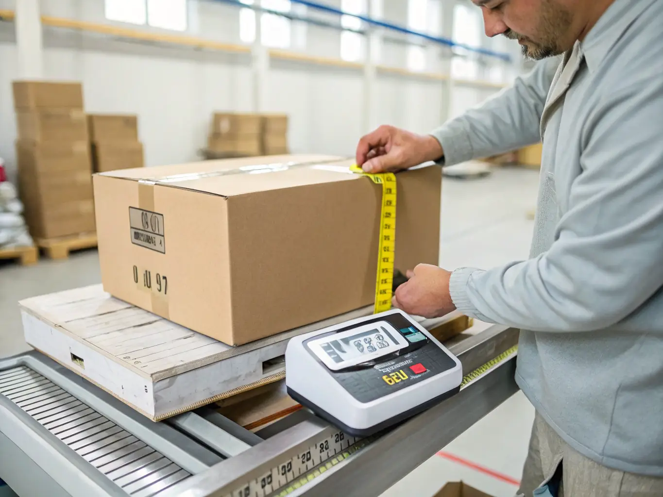 An image of a package being weighed on a scale, emphasizing the importance of accurate weight and dimensions for calculating shipping costs.