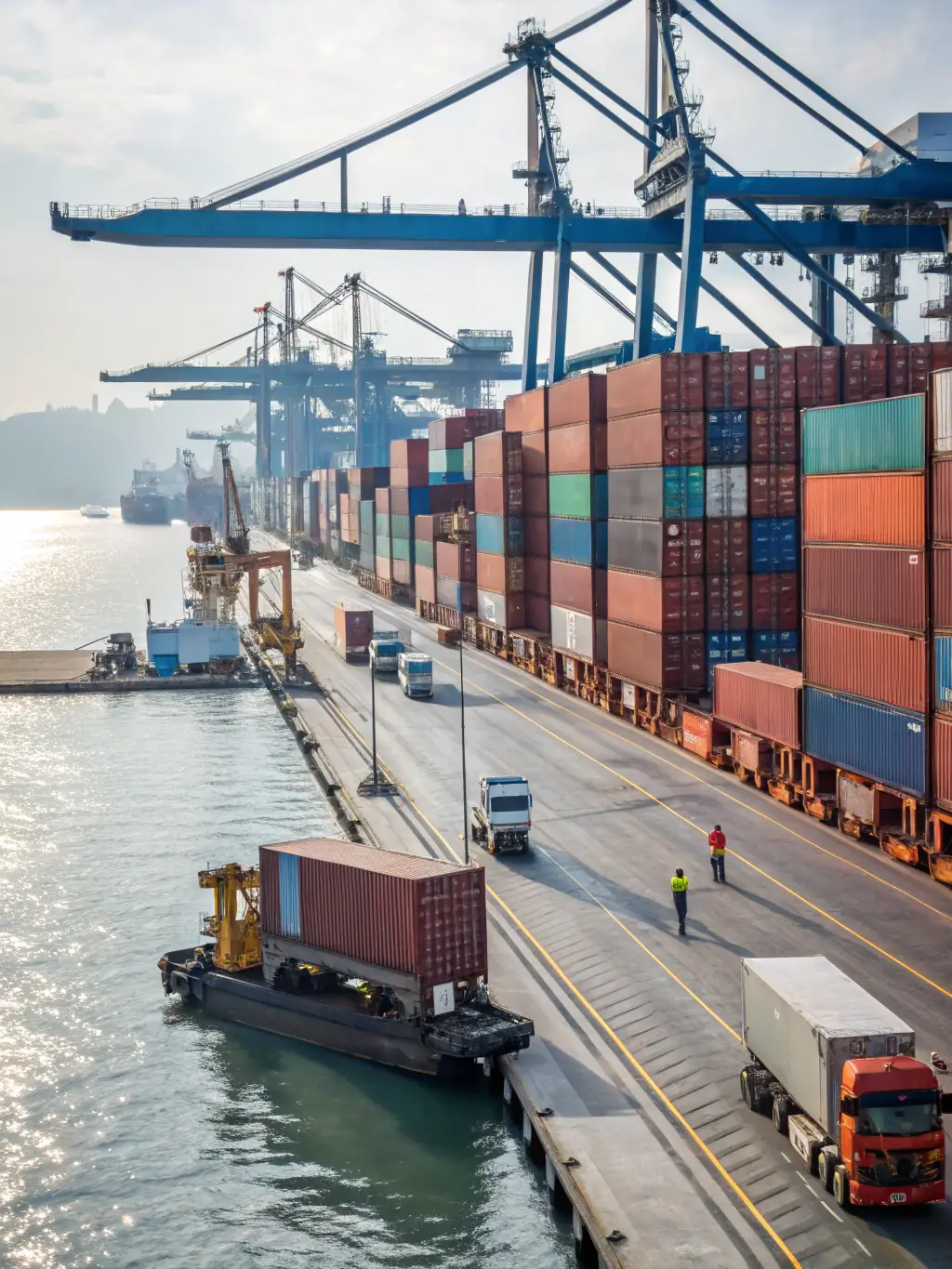 A cargo ship docked at a port with containers stacked on deck, representing Aftership's Sea Freight solutions.