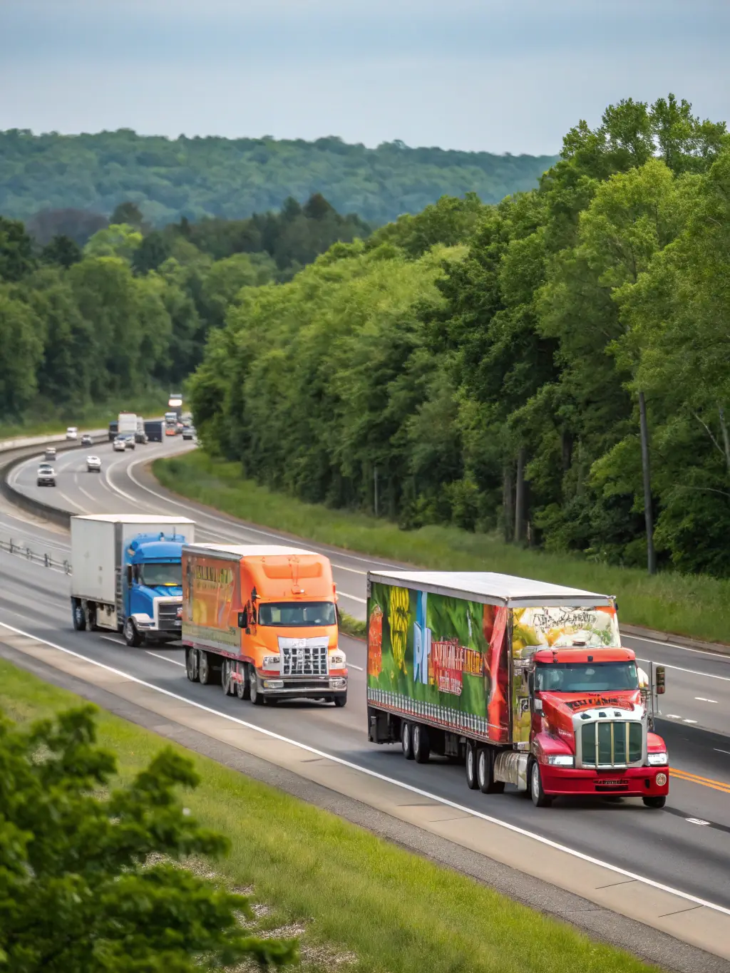 A fleet of trucks on a highway with a scenic background, showcasing Aftership's Road Transport capabilities.