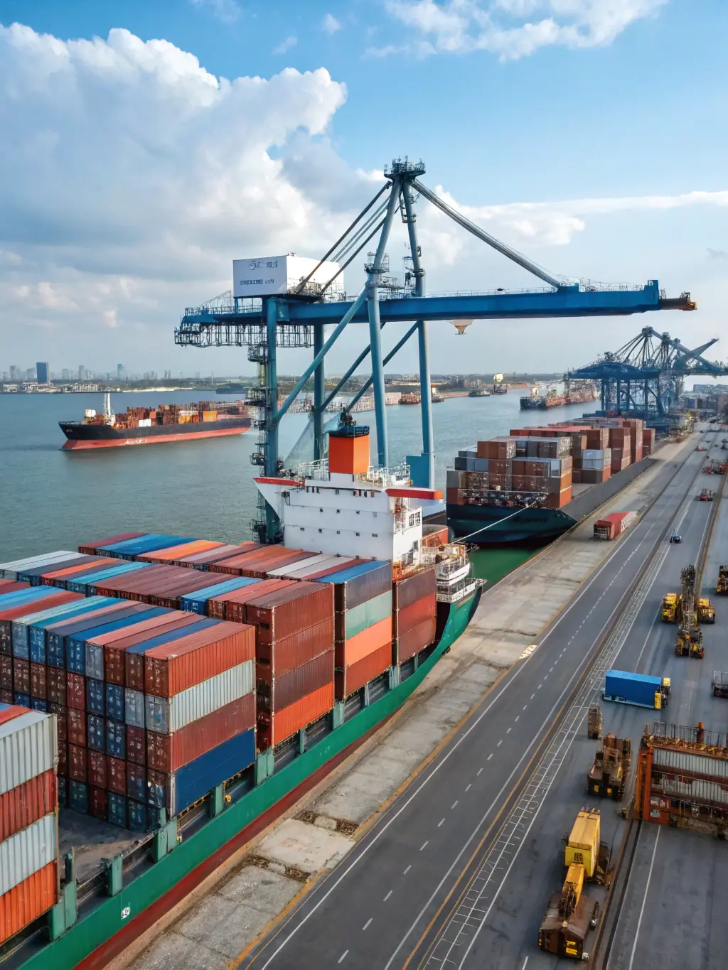 A wide shot of a large cargo ship sailing on a calm sea during a sunny day, loaded with colorful shipping containers, representing Aftership's sea freight capabilities.
