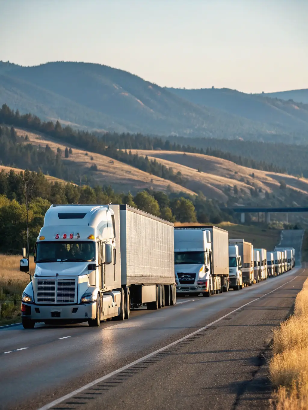 A dynamic shot of a fleet of Aftership branded trucks driving on a highway, carrying various goods, showcasing the company's road transport services.
